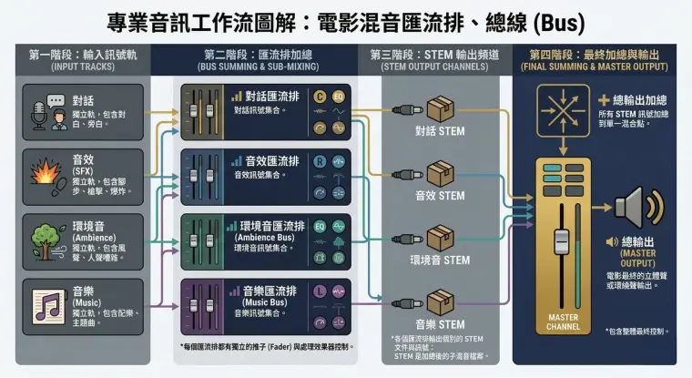 專業音訊工作流示意圖，說明聲音素材、Stem、Bus 與 Master Output 的關係