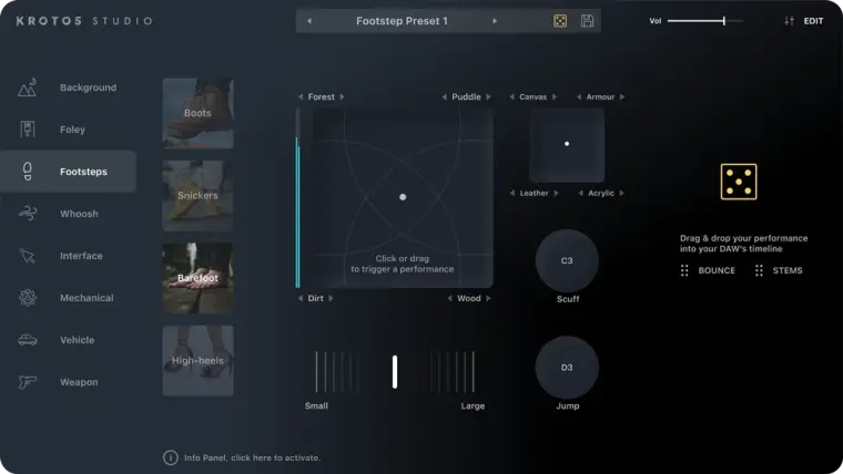 Krotos Studio Footsteps 介面，用於比較 AI 腳步聲與真實 Foley 腳步聲